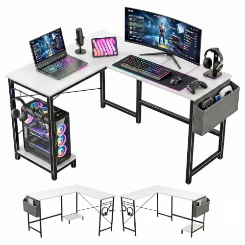 L Shaped Desk, 50 Inch Reversible Computer Desk Corner Gaming Table with CPU Stand & Storage Bag, Sturdy Metal Frame PC Workstation for Home Office, White Wood - color: White Wood