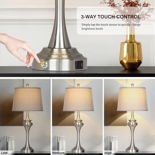 Rinweey 30" Silver Table Lamps Set of 2, 3 Way Touch Control Living Room Lamp with USB A+C Ports, Modern Brushed Nickel Bedroom Lamps, Tall Metal Bedside Lamp for Nightstand Desk Side Table Office - color: Silver-30”H