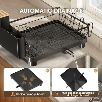 Runnatal Dish Drying Rack with Drainboard for Kitchen Counter and Sink | Large Dish Rack Rustproof Dish Drainer with Detachable 2-in-1 Utensil Holder, Extra Cup Holder, Black - color: Black, size: Standard