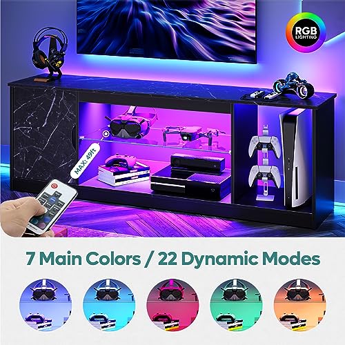 Bestier 57" LED Gaming TV Stand, RGB Light, Black Marble | Fits 55-65" TVs, PS5/Xbox Storage, Adjustable Glass Shelves, Modern Black Marble Finish For Living Room - color: Black Marble