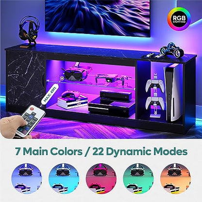 Bestier 57" LED Gaming TV Stand, RGB Light, Black Marble | Fits 55-65" TVs, PS5/Xbox Storage, Adjustable Glass Shelves, Modern Black Marble Finish For Living Room - color: Black Marble