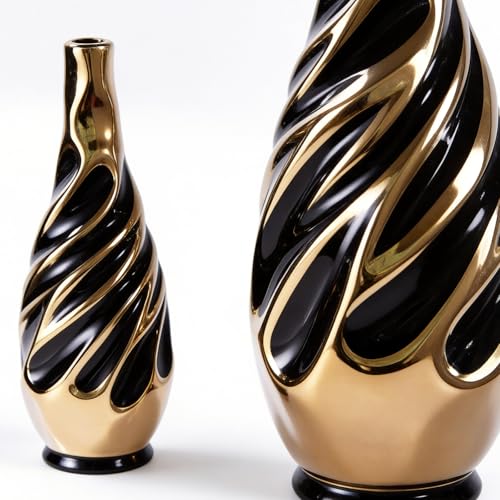 Yundu Gold with Black Vase Set of 2 | Pampas Grass Vase, Ceramic, Boho & Modern Centerpieces, Living Room Decor - color: Black With Gold
