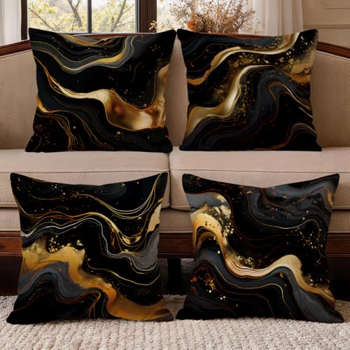 OBSEDE Black Gold Marble Decorative Throw Pillow Covers 18x18 in Set of 4 | Elegant Abstract Style, Faux Linen Cushion Case, Cozy Sofa and Bed Ornament, Fade Resistant, Indoor Accent, Double-Sided - color: Abstract Black Gold Marble, size: 18" x 18" (Pack