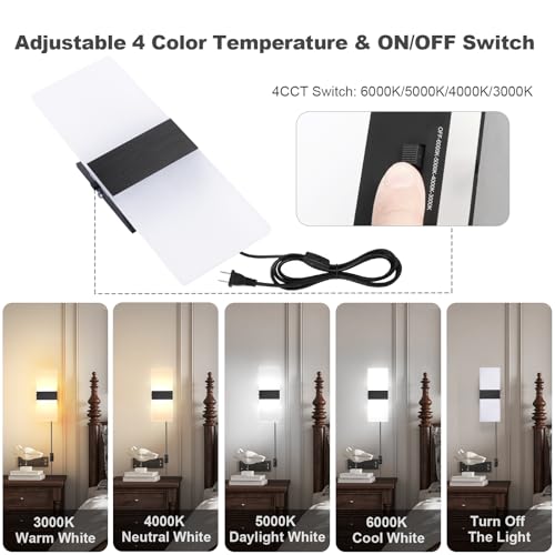 TRLIFE Modern LED Wall Sconce, Adjustable 4 Color Temperature 12W Morden Wall Sconce Plug in, Acrylic Wall Mounted Light Wall Lights with 6FT Plug in Cord for Bedroom Bedside Stairway(1 Pack, Black) - color: Black-4 Color Temperature, size: 1 Pack