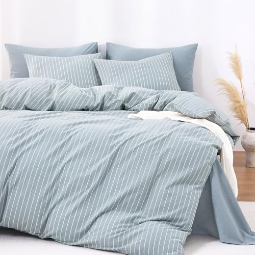 Wake In Cloud - Striped Cotton Duvet Cover Set, Ticking Stripe Vertical Pinstripe Farmhouse, 100% Washed Cotton Textured Bedding Set, 3 Pieces, Blue, Full Size - color: Blue, size: Full