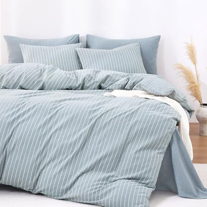 Wake In Cloud - Striped Cotton Duvet Cover Set, Ticking Stripe Vertical Pinstripe Farmhouse, 100% Washed Cotton Textured Bedding Set, 3 Pieces, Blue, Full Size - color: Blue, size: Full