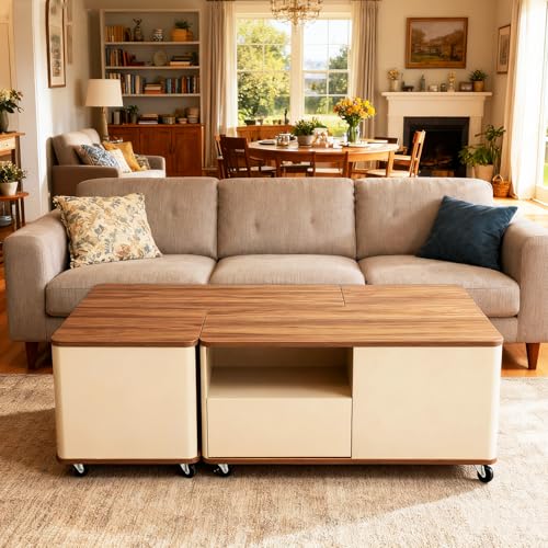 Modular Coffee Table Set of 2 with Wheels, L-Shape Convertible Wood Center Table with Drawer, Modern Nesting Small End Tables for Living Room Apartment, Space Saving Flexible Layout