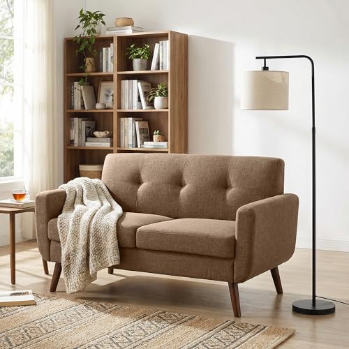 Tbfit 56" W Loveseat Sofa, Mid Century Modern Decor Love Seat Couches for Living Room, Button Tufted Upholstered Small Couch for Bedroom, Solid and Easy to Install Love Seats Furniture, Brown - color: Brown, size: 56.7 inch