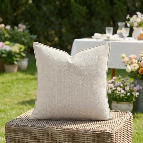 Fancy Homi Set of 2 Water Resistant Soft Chenille Decorative Outdoor Throw Pillow Covers Solid Beige Summer Farmhouse Boho Patio Ivory Cushion Cases 16x16 Inch for Garden Balcony Tent Couch Sofa Bed - color: Beige, size: 16" x 16" (Pack of 2)