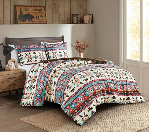 Chezmoi Collection Tona 3-Piece Southwestern Geometric Motif Comforter Set - Multicolor Red Brown Blue Cream Printed Washed Microfiber Bedding, Full - color: Multi Geometric Motif, size: Full