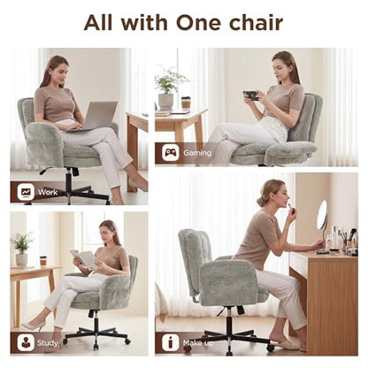 FiveWillowise Cross Legged Office Chair with Flip-up Arms&Back,Light Grey | Criss Cross Chair With Thicken Wide Seat,Lounge Makeup Vanity Chairs with Side Pockets,Comfy Home Office Desk Chair,Chenille - color: Light Grey