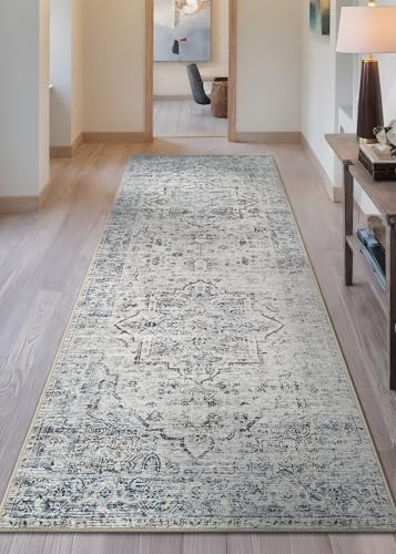 Bloom Rugs Caria Washable Non-Slip 7 ft Runner - Ivory/Blue/Gray Traditional Runner for Entryway, Hallway, Bathroom, and Kitchen - Exact Size: 2'6" x 7' - color: Ivory / Blue / Gray, size: 2'6" x 7' (Runner)