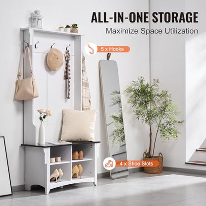 VEVOR Hall Tree Entryway Bench, Coat Rack with Shoe Storage, 32" Wide Mudroom Bench with Seating and Adjustable Shelves, 5 Hanging Hooks and 4 Storage Drawers, for Mudroom, Entryway, Hallway - size: 32" Wide