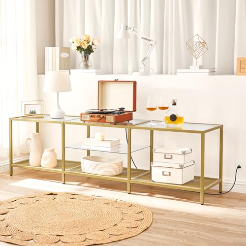 HOOBRO TV Stand with LED Lights and Power Outlets for TVs up to 75", Modern 70.9 Inch Tempered Glass TV Console Table with Open Shelves, Media Entertainment Center for Living Room, Gold GD185UDS01 - size: 70.9 Inch