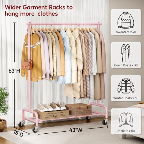 SLEEPING LAMB Heavy Duty Clothing Racks for Hanging Clothes Rack, 43" Wide Rolling Garment Rack Metal Clothing Hanger Rack with Wheels Wardrobe Rack for Coats, Shirts, Dress (Pink) - color: Pink, style: Single Rod