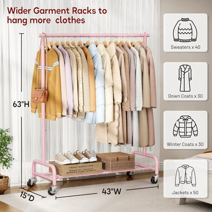 SLEEPING LAMB Heavy Duty Clothing Racks for Hanging Clothes Rack, 43" Wide Rolling Garment Rack Metal Clothing Hanger Rack with Wheels Wardrobe Rack for Coats, Shirts, Dress (Pink) - color: Pink, style: Single Rod