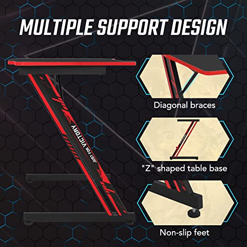 BestOffice | 39" Gaming Table | Red | Z-Shaped Computer Desk | with Steel Frame, Headphone Hook, Adjustable Feet | Carbon Fiber Texture| Easy to Clean | for Gaming, Home Office - color: Red, size: 39 Inch Z Shaped