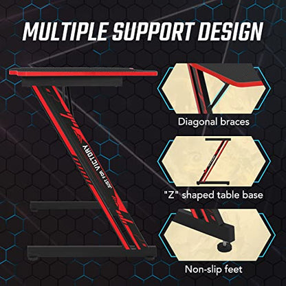 BestOffice | 39" Gaming Table | Red | Z-Shaped Computer Desk | with Steel Frame, Headphone Hook, Adjustable Feet | Carbon Fiber Texture| Easy to Clean | for Gaming, Home Office - color: Red, size: 39 Inch Z Shaped