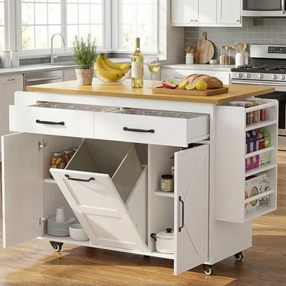 YESHOMY Kitchen Island on Wheels with Trash Cabinet, 56" Mobile Cart with Drop Leaf and Drawers, Rolling Portable Table with Spice Rack & Towel Holder for Dining Room, White & Oak - color: White & Oak