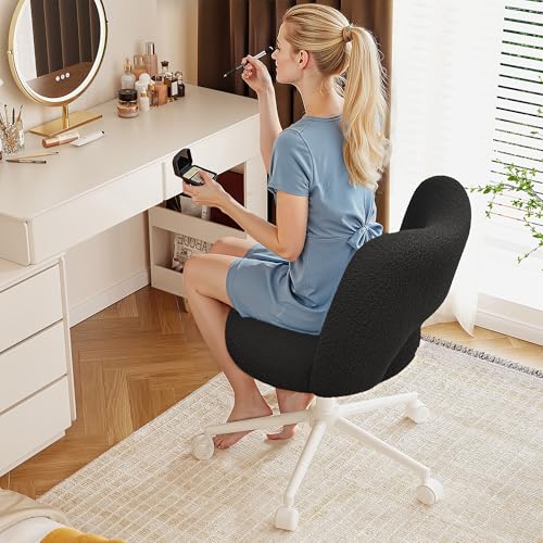 DurayLoly Vanity Chair with Wheels & Breathable Open-Back,Black | Fluffy Teddy Fleece Height Adjustable Armless 300lbs for Makeup Room, Bedroom, Dorm, Home Office, Black - color: Black