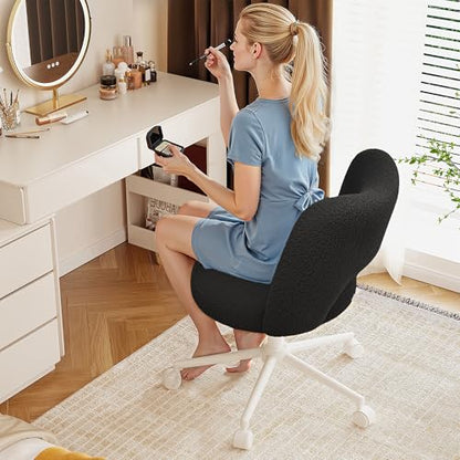 DurayLoly Vanity Chair with Wheels & Breathable Open-Back,Black | Fluffy Teddy Fleece Height Adjustable Armless 300lbs for Makeup Room, Bedroom, Dorm, Home Office, Black - color: Black