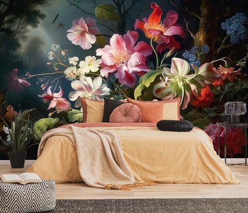 Toolhom Colorful Floral Wallpaper Illuminated by Hazy Moonlight | 149"x96" non-self-adhesive natural landscape flower mural, decorative background wall mural - color: MURAL-221, size: 149" x 96"