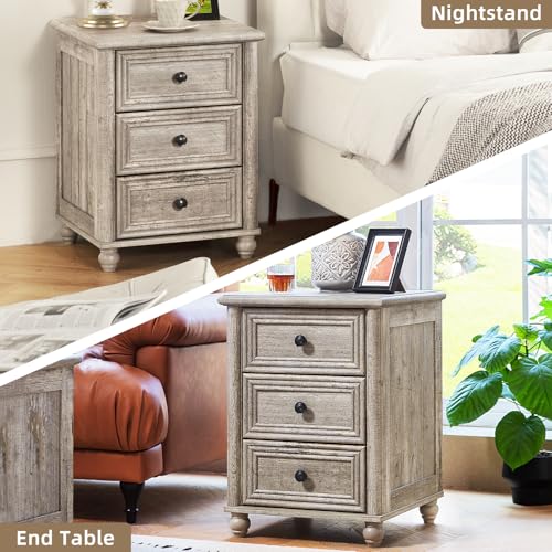 RWYHG 18" Night Stand with 3 Drawers, Farmhouse Modern Nightstand | Grey Bedside Table, Open Storage Shelf, Solid Wood Legs, Bed Side End Tables for Bedroom Living Room - color: Gray Oak, style: 3 Drawers