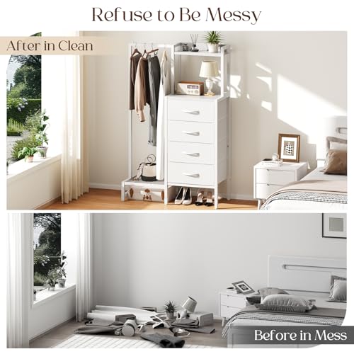 Yoobure White Dresser with Hanging Rack - Small Dresser for Bedroom with 4 Drawers, 44'H Chest of Drawers, Reversible Kids Dressers with Storage Shelf, Closet Dressers, Dorm Essentials, Sturdy Frame - color: White