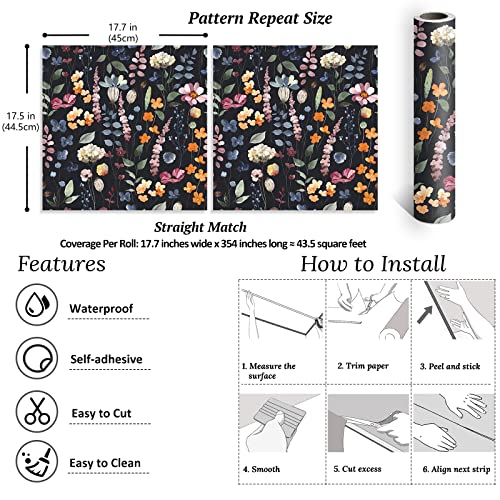 VEELIKE Dark Floral Peel and Stick Wallpaper - Vintage Pressed Leaves Floral Wallpaper Roll 17.7''x354'' Self Adhesive Decorative Contact Paper Removable for Bedroom Bathroom Walls - color: Dark Background, size: 17.7" x 354"