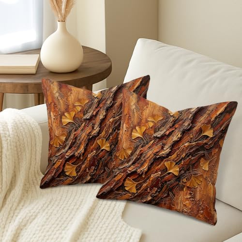 Ginkgo Leaves Throw Pillow Covers Set of 2, Natural Rustic Bark Texture Wood Grain Fall Brown with Hidden Zipper Cover Decorative Pillows for Living Room Apartment Bed Sofa Decor 16x16 Inch - size: 16" x 16" (Pack of 2)
