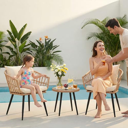3-Piece Patio Dining Set, Featuring a Round PE Rattan Table and 2 Chairs, Suitable for Bedrooms, Porches and Gardens All-Weather Furniture Set Includes Tempered Glass, Thick Cushions - size: 3 Pieces