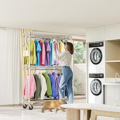 M MZG Heavy Duty Rolling Garment Rack 3 Tiers Adjustable Wire Shelving Clothes Rack with 2 Rods and Side Hooks,Storage Closet Clothing Rack with Wheels Chrome 15.7" D x 45.3" W x 79.6" H - color: Chrome, size: 3 Tier and 2 Rod 15.7"D x 45.3"W x 79.6"H