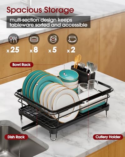 Sakugi Dish Drying Rack in Sink - Expandable Stainless Steel Dish Rack Over The Sink, Kitchen Sink Drain Strainer with Cutlery Holder & Cup Holders, 15.2 x 10.0 x 4.2 Inch, Black - color: Black, size: With Drainboard - 15.2" x 10" x 4.2"
