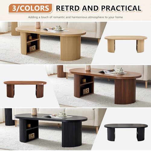Oval Fluted Coffee Table, 47" Farmhouse Wood Coffee Table Mid Century Modern Center Table Boho Living Room Tables for Living Room Office,Natural - color: Natural, size: 19.69"D x47.2"W x 15.74"H
