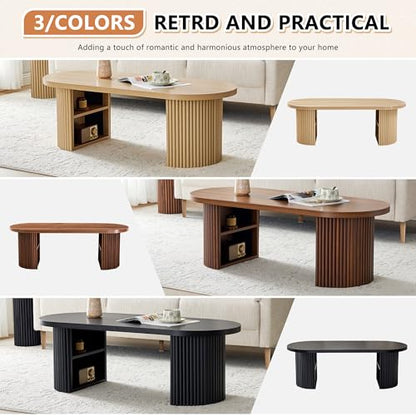 Oval Fluted Coffee Table, 47" Farmhouse Wood Coffee Table Mid Century Modern Center Table Boho Living Room Tables for Living Room Office,Natural - color: Natural, size: 19.69"D x47.2"W x 15.74"H