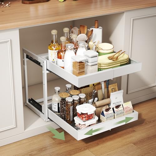 Abalter Expandable Pull Out Cabinet Organizer(12-18.5" W x 21" D), 2-Tier Slide Out Drawer for Kitchen Cabinets, Slide Out Shelves for Kitchen Countertop, Bathroom, Pantry, Heavy Duty Caddy(White) - color: White, size: 20.7"D×12"-18.5"W