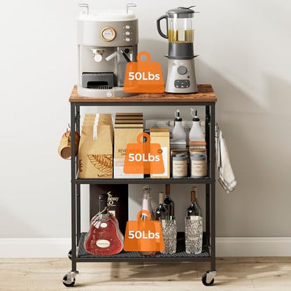 Homleke 3-Tier Rolling Kitchen Microwave Cart, Utility Cart | Coffee Bar Table Station with 6 Hooks, Small Appliance Storage Shelf, Rustic Brown and Black - color: Rustic Brown and Black