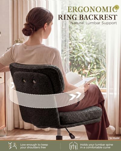 COMHOMA Vanity Chair with Ergonomic Curved Backrest, Home Office Desk Chair with Silent Wheel, Wide Seating Computer Chair for Girls Women Bedroom, Soft Teddy Fabric, Black - color: Black, Teddy Fleece