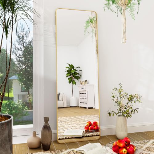 BEAUTYPEAK 59" x 16" Rounded Corner Full Length Mirror with Stand, Gold | Aluminum Alloy Frame with Standing, Leaning, or Wall-Mounted, Ideal for Bedroom, Dressing Room, Entryway, and Living Room - color: Gold, size: 59"L x 16"W