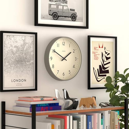 JONES CLOCKS® Studio Clock | Modern Round wall Clock | 12" | Gray | Easy to Read Numbers | Versatile Design for Kitchen, Living Room or Office - color: Pepper Grey