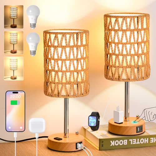 Rattan Table Lamps for Living Room, 3 Way Dimmable Touch Lamps, Small Bedside Lamps with LED Bulbs, Phone Stand, USB Ports and AC Outlet, Boho Nightstand Lamp for Bedroom Office (2 Pack Faux Wood) - size: 2 Pack Faux Wood