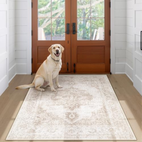Area Rug 3x5 Vintage Rug: Washable Indoor Medallion Rug Low Pile Distressed Floor Carpet Retro Accent Doormat for Bedroom Bathroom Hallway Kitchen Home Office(Beige, 3'x5') - color: Beige, size: 3' x 5' (Rectangular)