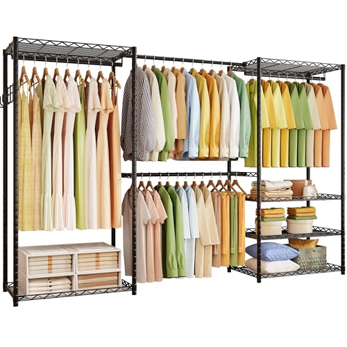 ecobedding Heavy Duty Garment Rack, 900LBS Max Load Freestanding Closet Organizer with 6 Storage Shelves & 3 Adjustable Hanging Rods, Multifunctional (Black, 15.75" D x (69.7~88.2)" W x 79.5" H)