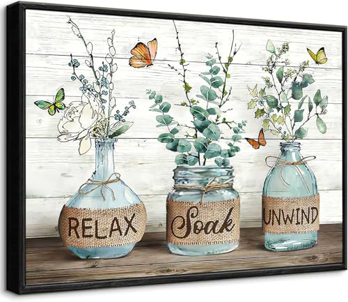Framed Farmhouse Bathroom Wall Art Rustic Eucalyptus Pictures Wall Decor Country Relax Soak Unwind Bathroom Sign Painting Green Botanical Butterfly Canvas Prints For Washroom Home Painting 16x12 Inch - color: Eucalyptus, size: 12"L x 16"W
