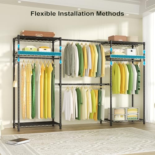 E1 Heavy Duty Closet Garment Rack, Easy to Assemble Wardrobe, Black | 6 Tiers Adjustable Metal Freestanding Expandable Clothing Storage with 4 Hanger Rods - color: Black
