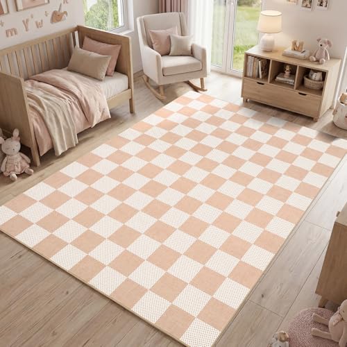 GarveeHome Checkered Blush Beige 4x6 Washable Rug Low-Pile Bedroom Nursery | Non-Slip Blush Beige Soft Stain Resistant Rug for Bedroom Bathroom Living Room Geometric Modern Rug TPE Backing - color: Blush Beige, size: 4' x 6' (Rectangular)
