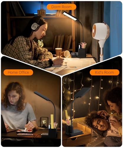 LED Desk Lamp for Dorm USB A/C Charger Pen Holder 3 Light Modes Black | 3 Color Modes, 3 Brightness, 360° Gooseneck, Touch Control, USB-A/C Ports & Pen Holder for Dorm, Kids Room, Bedroom, Office - color: Black