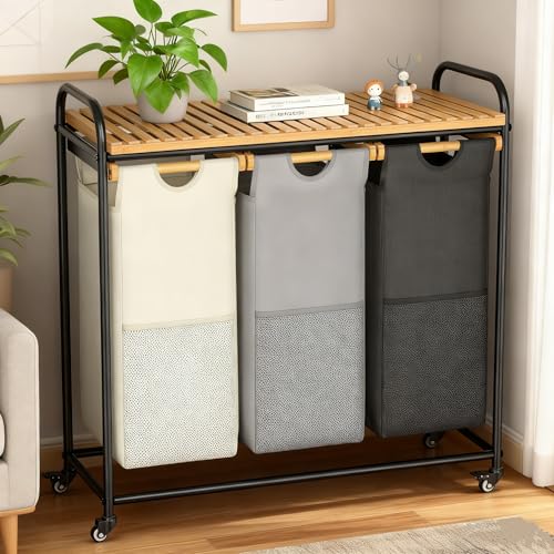 BambooHomie Laundry Hampers 3 Section, Laundry Sorter with Removable Shelf and Pull-Out Bags, Rolling Cart Clothes Hampers Basket with Wheels for Laundry Room Bathroom, 3 x 45 L (Black Beige Gray)