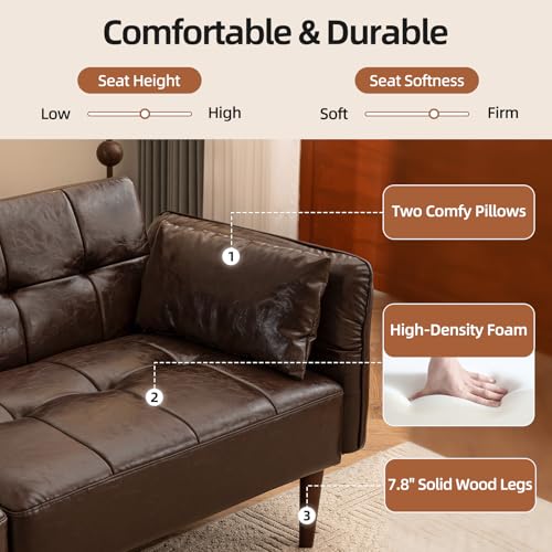 HALLYBEE 85" Futon Faux Leather Couch with Adjustable Armrests Coffee Brown | Futon Sofa Bed, Sleeper Sofa, Small Couch with Pillows, Side Pockets, Mid Century Modern, Living Room, Bedroom, Apartment - color: Coffee Brown