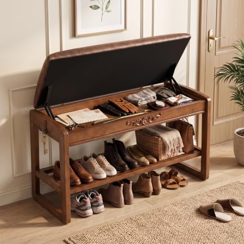 Shoe Storage Bench Shoe Rack Bench with Storage 2 Tier Wooden Shoe Rack | Solid wood shoe bench flip-top storage cushioned seat weight capacity of 550 lb side hooks walnut finish 39.4" W - size: 39.4"